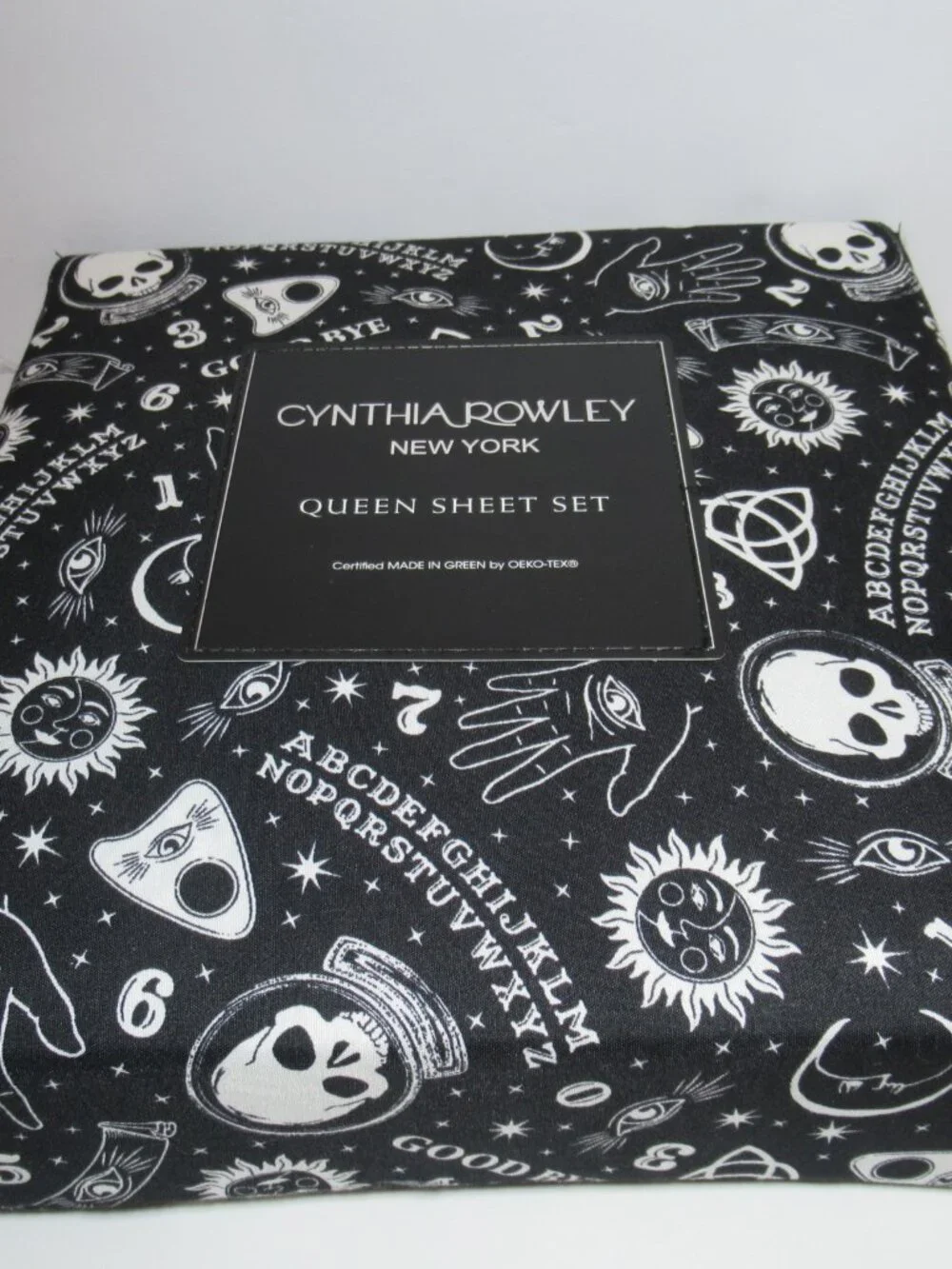 New Cynthia Rowley QUEEN Black Ouija Sheet Set Sun Stars Moon Skull Halloween